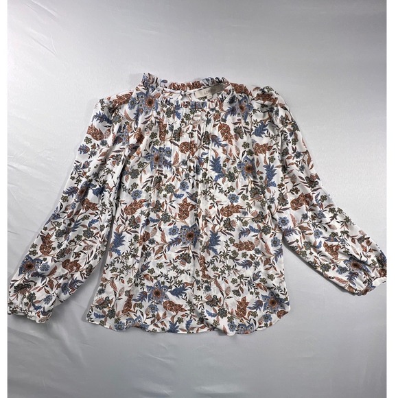 LOFT Tops - LOFT Womens Floral Ruffle Neck Blouse Small Long Sleeve Keyhole Top White